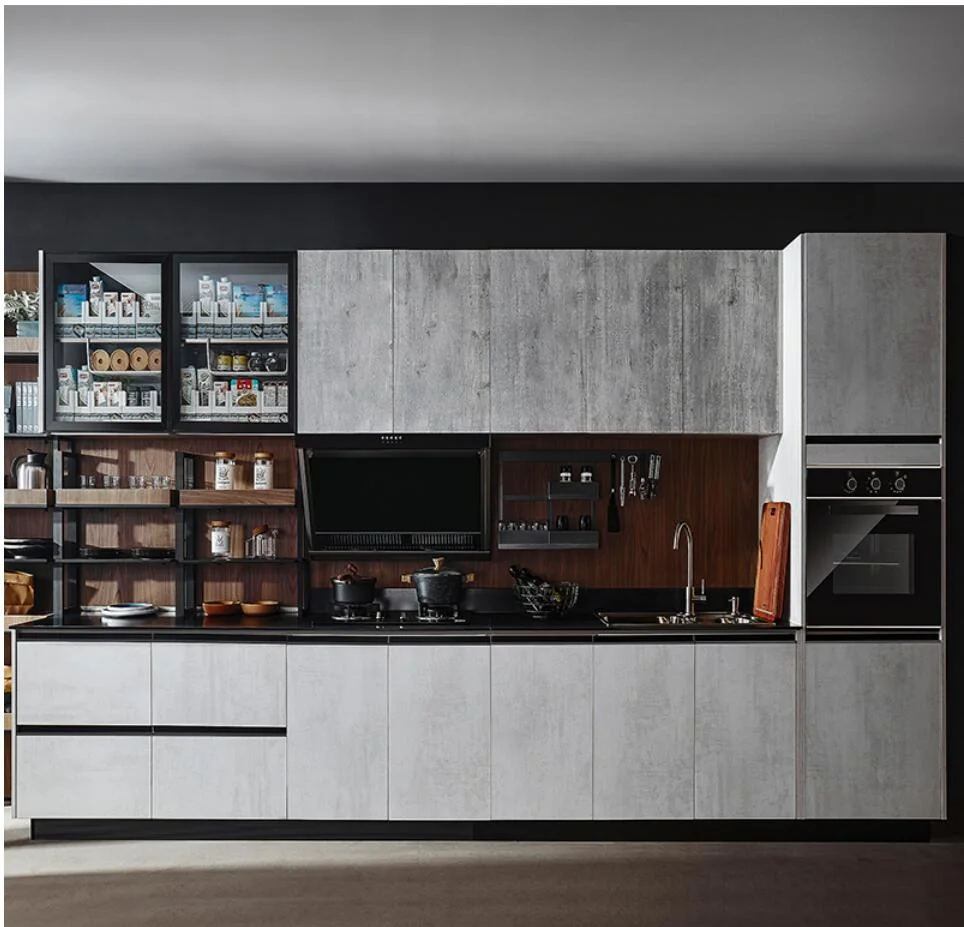 Modern Matt Grey Kitchen Cabinet with Built-in Glass Oven for Kitchen Restaurant Furniture