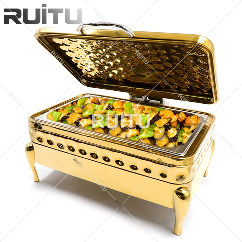 High quality/High cost performance 18/10 Stainless Steel Glass Lid Standing Food Warmer Chafers Hydraulic Oblong Brass Wedding 9 Litre Pour Buffet Copper Rose Gold Chaffing Dish