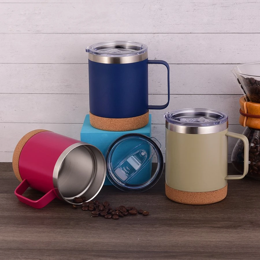 Mayorista Nordic Cork Bottom Mug Diseño creativo 12oz de viaje inoxidable Taza de café Camp con tapa de plástico