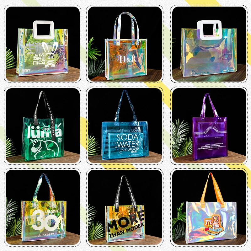 Women Fashion Shopping Handbag Green Laser Gift Bag Reusable Holographic Tote Bags with Custom Printed Logo's Handle