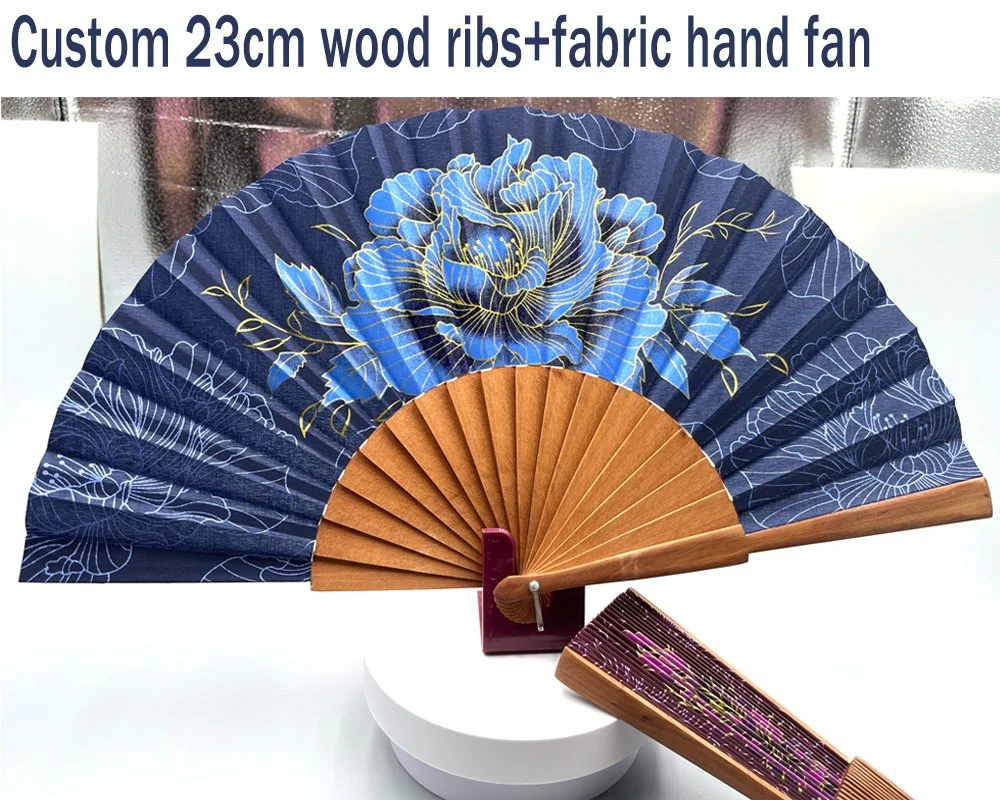 Custom Print Silk Hand Folding Fan Wooden Ribs Satin Fabric Fan Foldable Wood Hand Fan