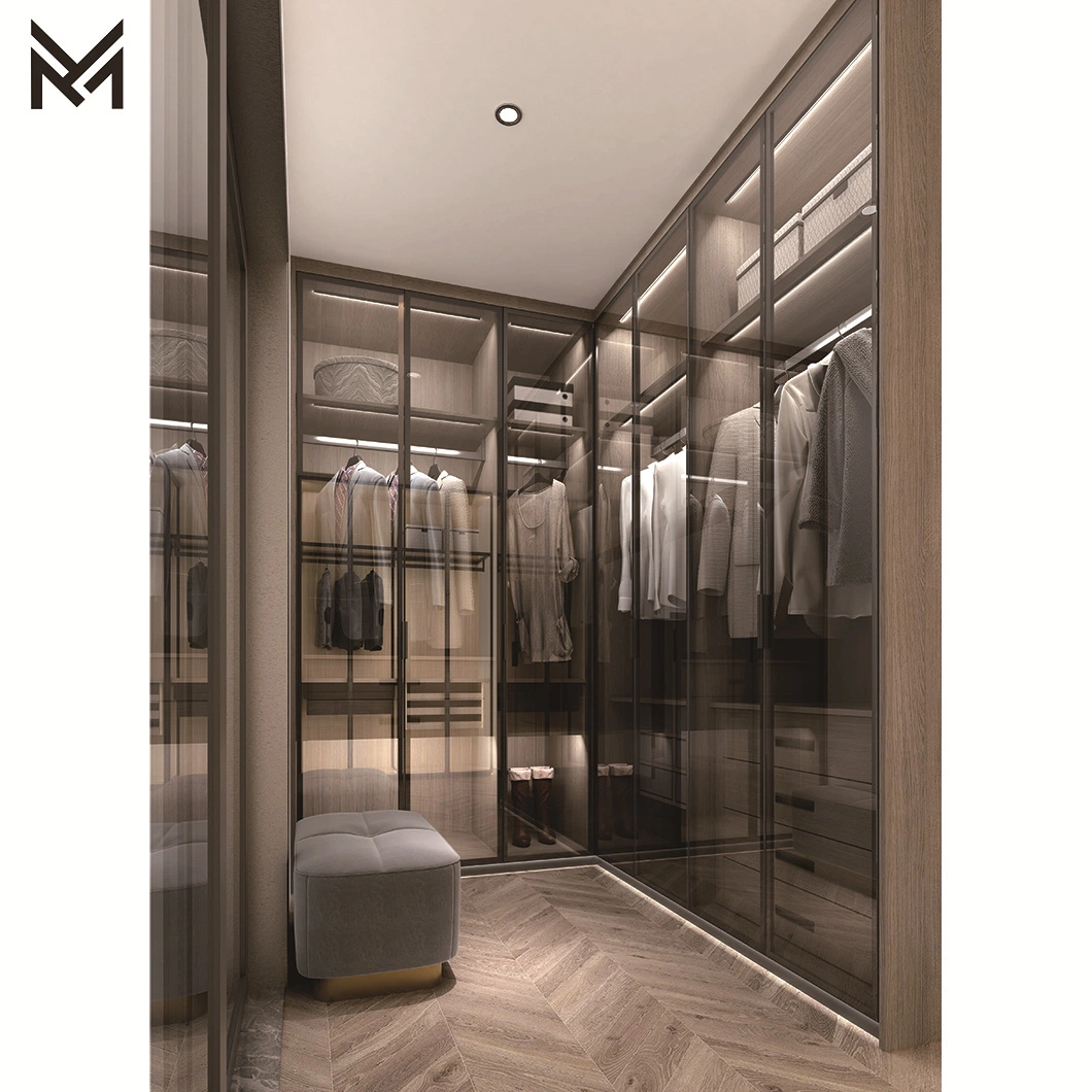 Custom Modern Tempered Glass Door Bedroom Cabinet Villa Hotel Bedroom Furniture Luxury Walk in Wardrobe with Shoe Rack