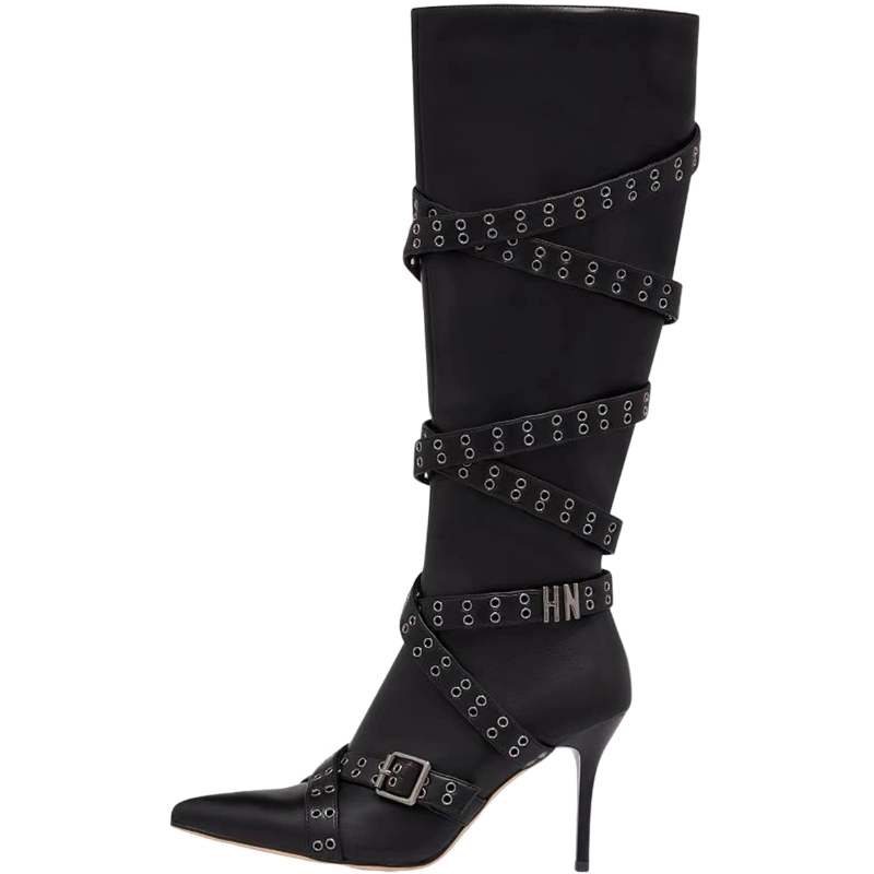 New Designed Rhinestones Pointy Side Zipper-up High Heel Boots Fashion Stiletto Retro Knee-High Boots for Women