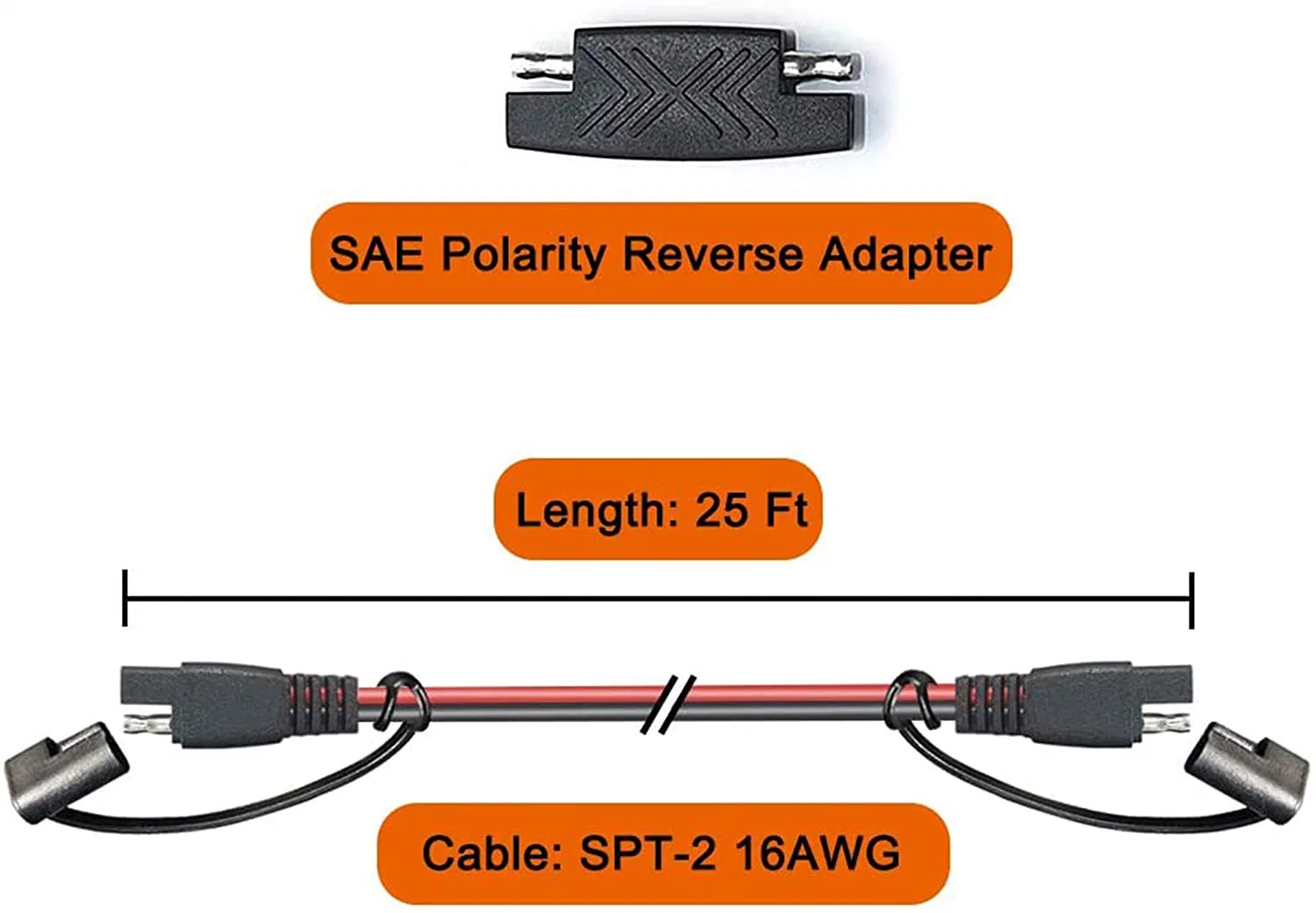Удлинительный кабель SAE длиной 12 ФУТОВ делает соединение более удобным и плотно прилегает к устройству для обеспечения надлежащей зарядки аккумулятора. Один вход SAE с одной розеткой SAE W