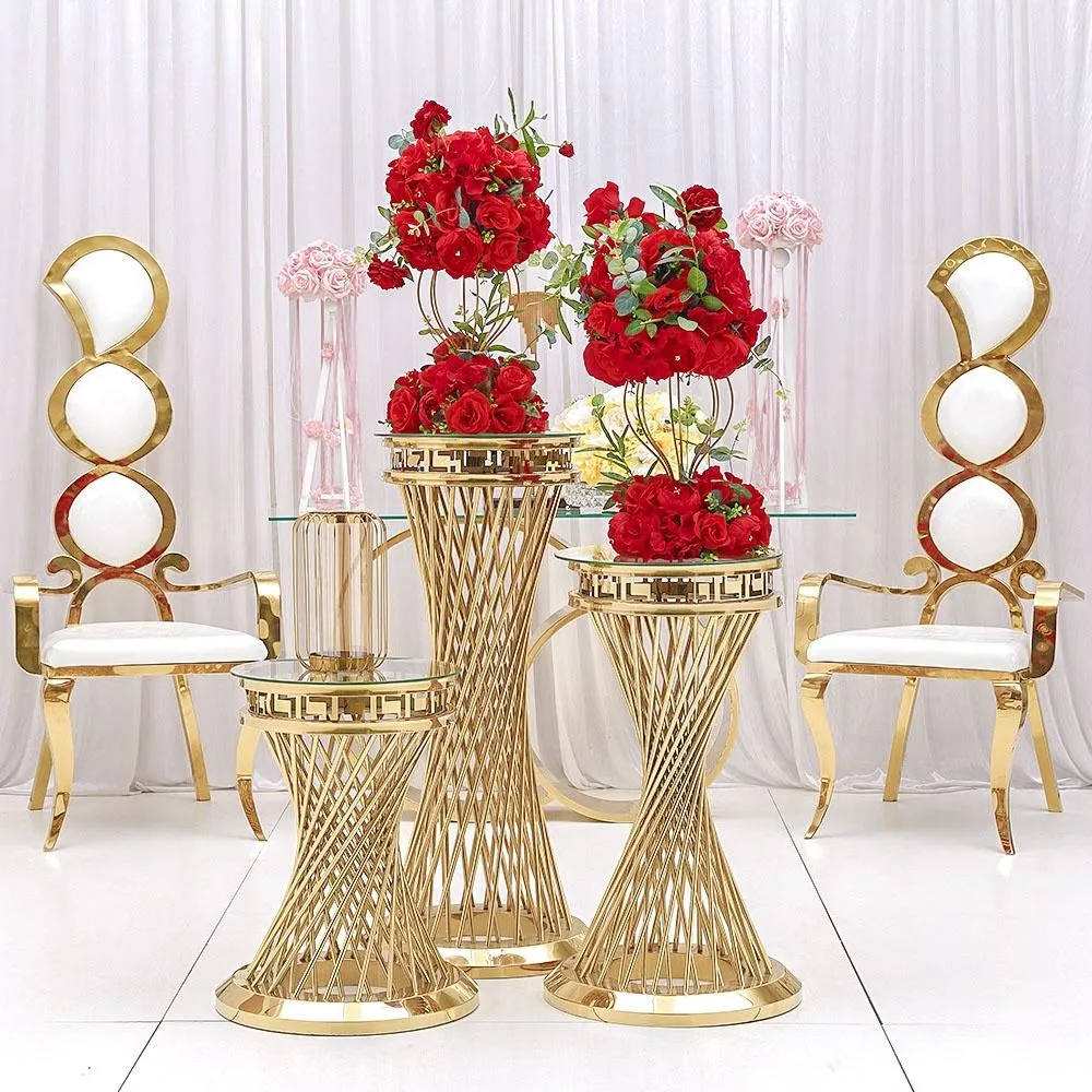 High Quality Marble Glass Cake Plinth Stands Gold Stainless Steel Events Party Tall Flower Stand Wedding Decoration