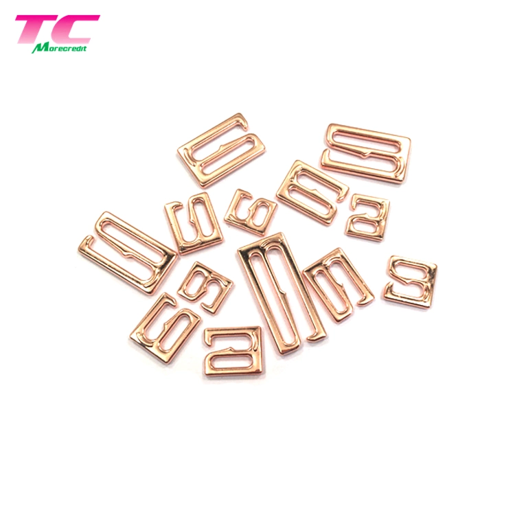 Dongguan Factory Directly Customized Logo Luxury Rose Gold Metal Ring and Strap Adjuster for Swimwear/Lingerie/Underwear Metal Bra Clip Accessories