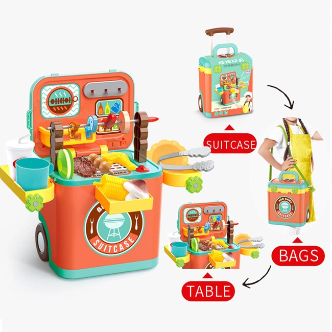 Whoesale Children Plastic 3 in 1 BBQ Game with Light and Sound Suitcase Table Pretend Play Toys Interesting Kids BBQ Set Toy