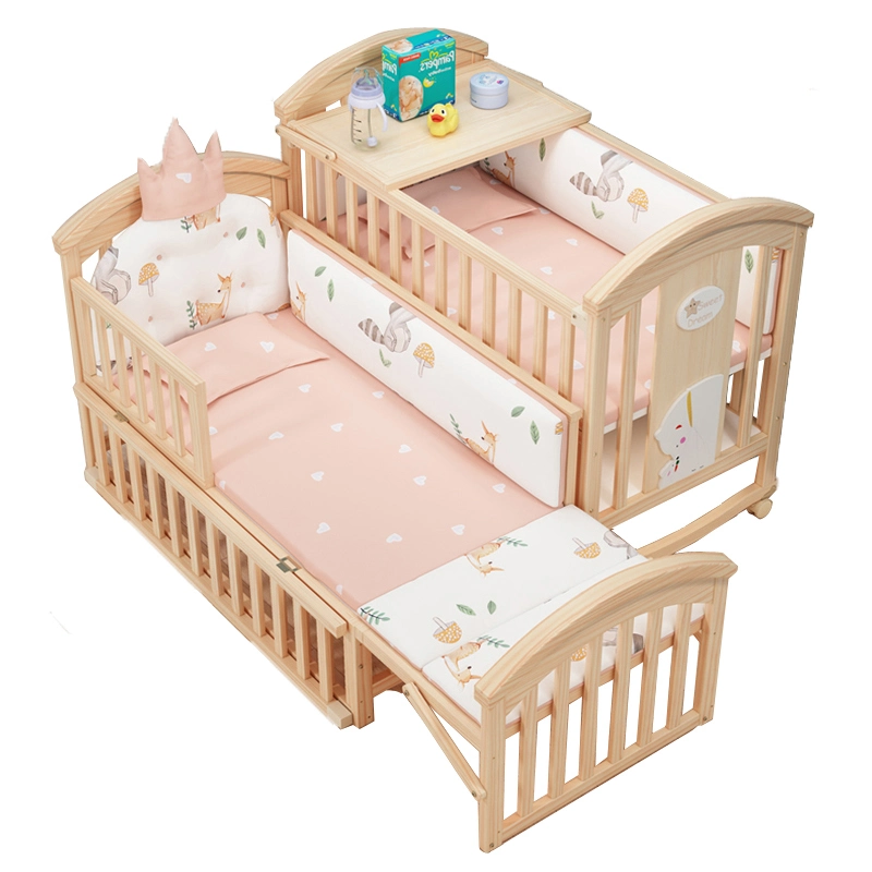 Natural Unpainted Wooden Baby Crib Bed Guardrail with Storage Drawers