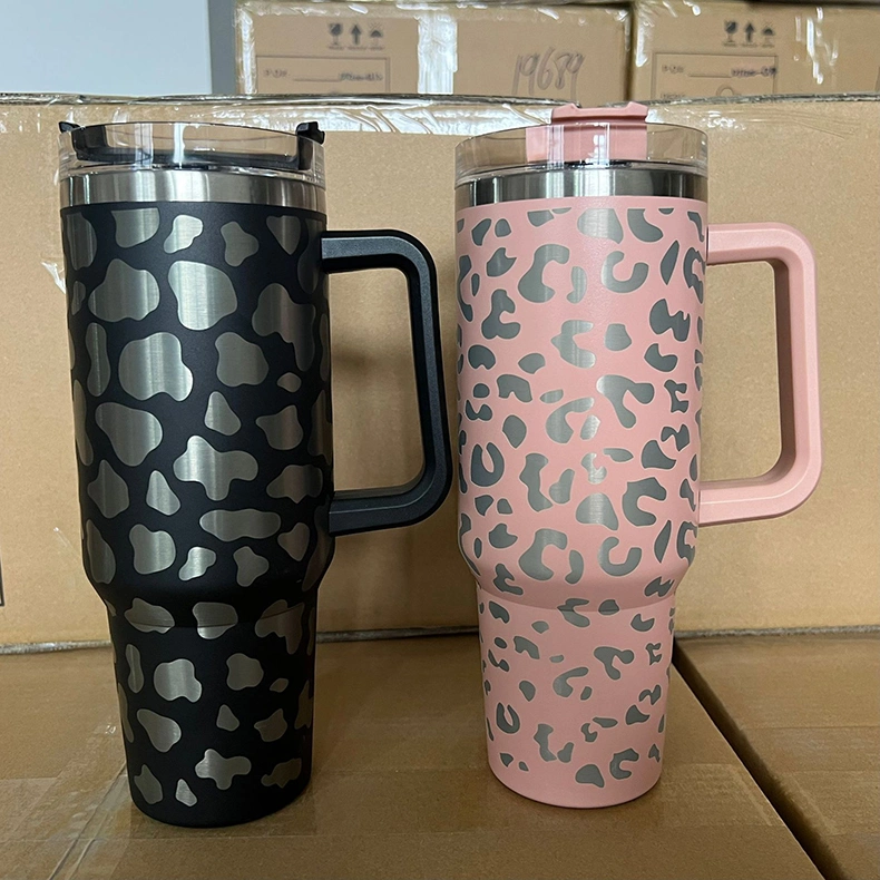 Stock Vacuum Insulated Custom Stainless Steel 40oz Tumbler Cup with Handle Straw Lid Travel 40 Oz Leopard Tumbler