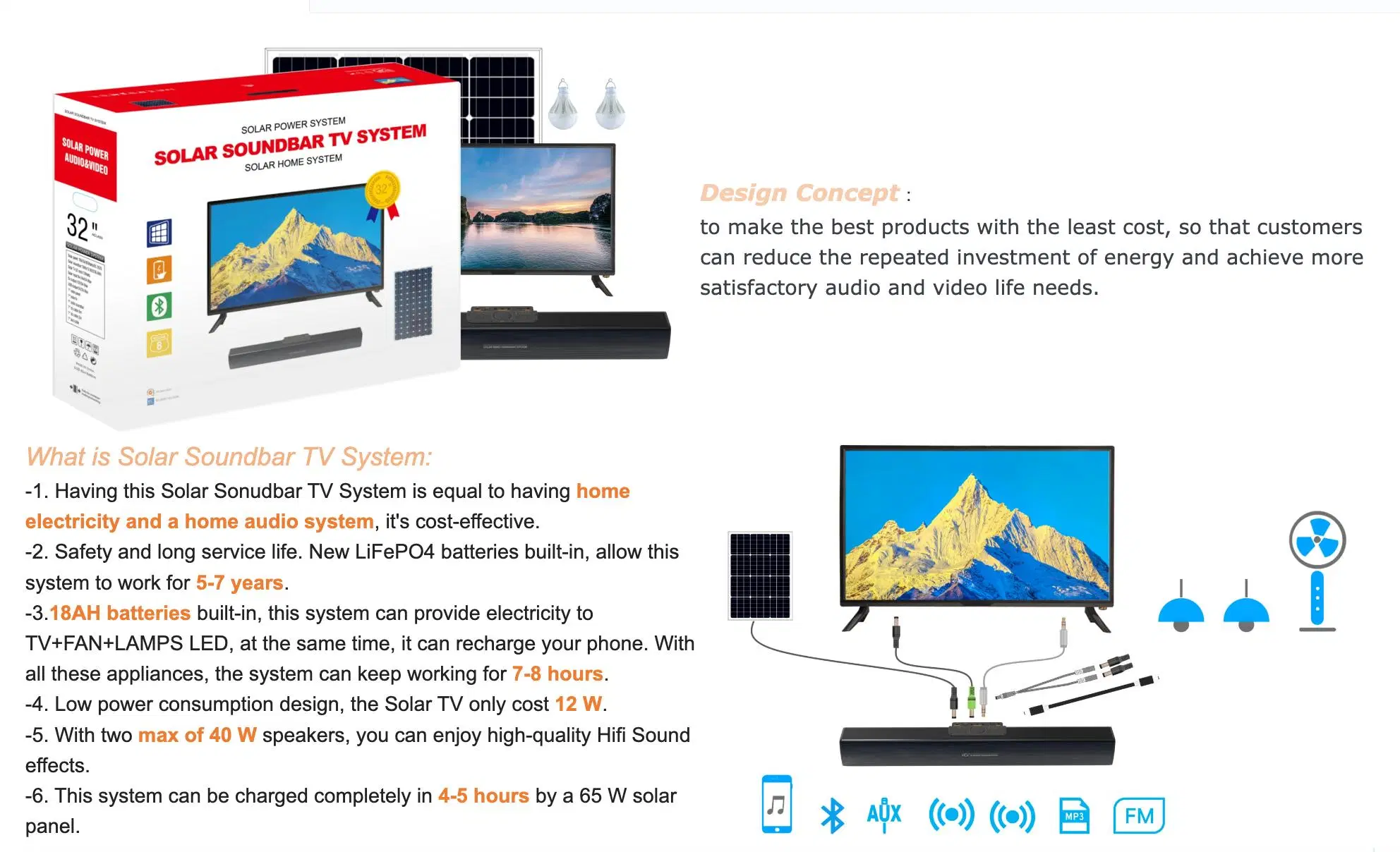 Système TV solaire système Home Cinéma système de haut-parleurs barre de son pour Télévision et Home Cinéma Bluetooth sans fil