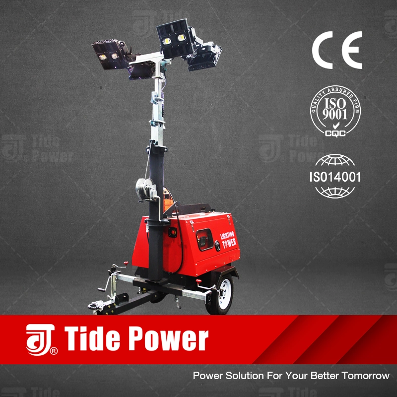 Torre de iluminación móvil Tide Power LED con motor Kubota Z482, alternador Meccalte Lt3n-75/4 50Hz/60Hz 2.7kw/3kw, vertical manual/hidráulico, 5000m³, 7.5m/9m, exterior