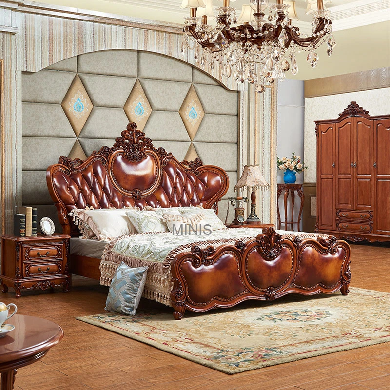 Gold Leather Solid Wood Bedroom Furniture King/Queen Adult Double Bed