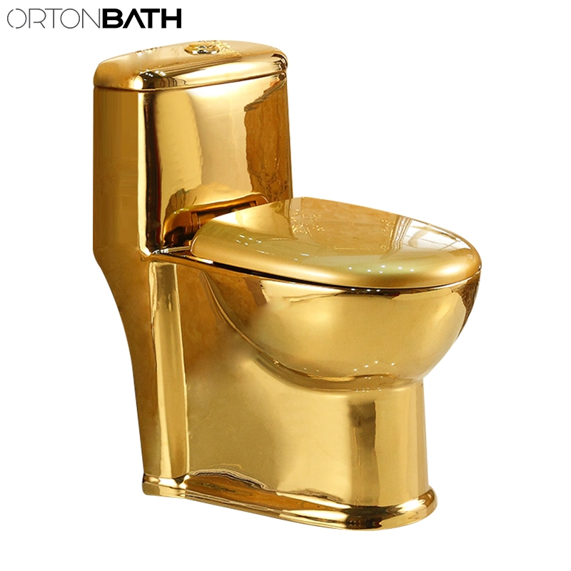 Ortonbath Water Saving Electroplating Wash Down Gold Bathroom Commode Set Floor Standing One Wc Toilet with Seat Cover Bowl Accessories