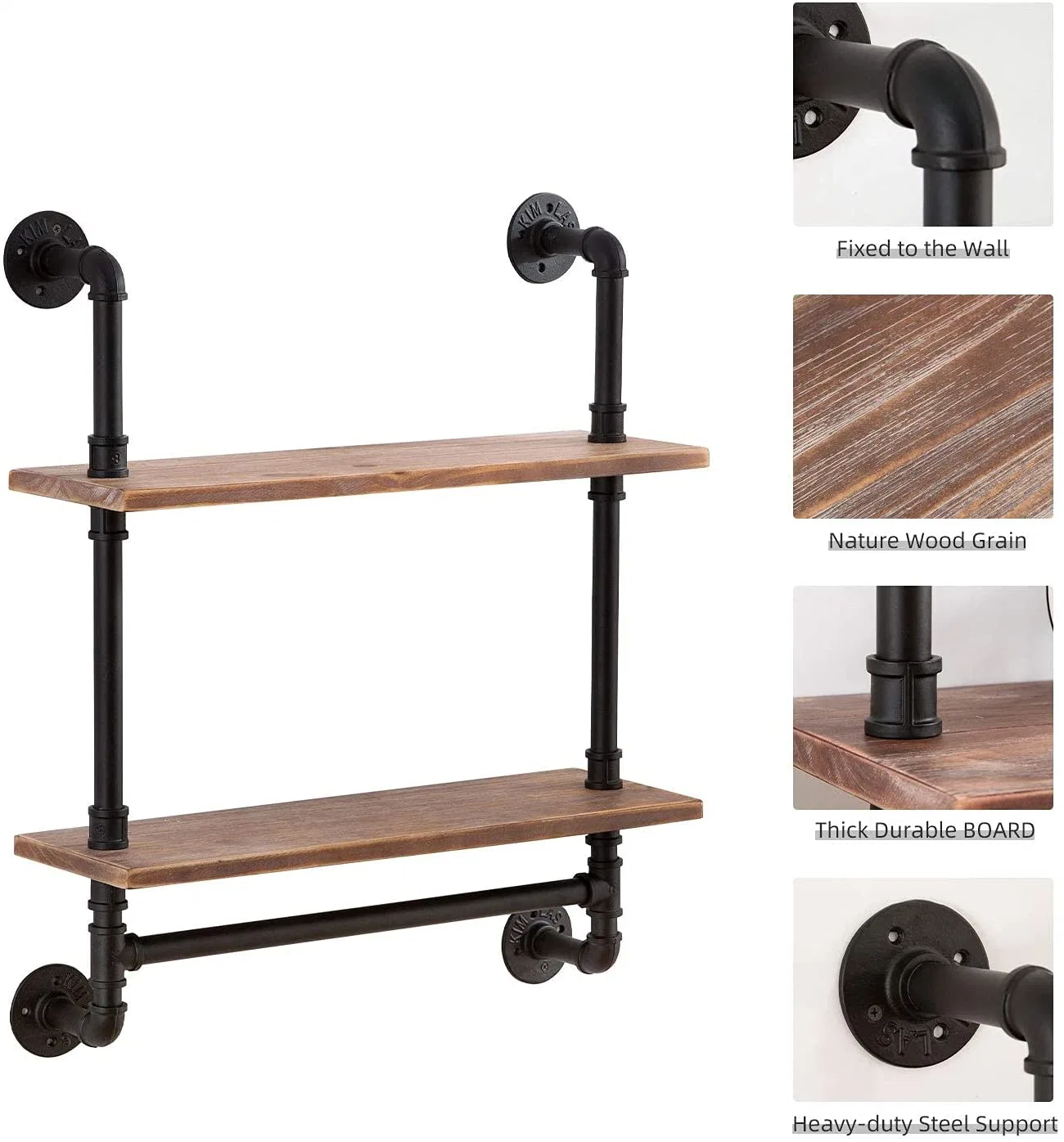 Rustic Bathroom Shelves Wall Mounted, Farmhouse Black Pipe Shelving Wood Shelf, Metal Floating Shelves Towel Holder