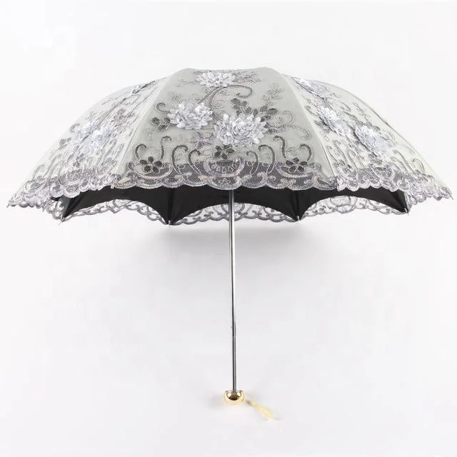 Designer Vintage Lace 3D Flower Embroidery UV 50 Sun Parasol Wedding Fabric Umbrella with Black Coating