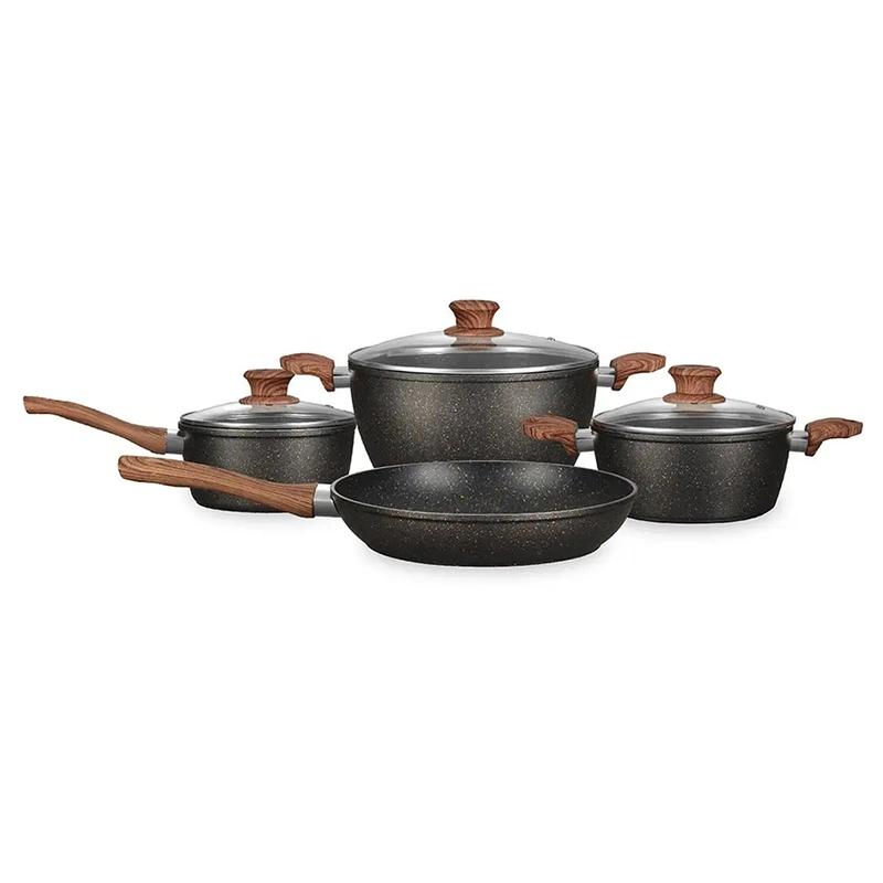 Popular Cookware Set Customized Marble Coating Non-Stick Fry Pan Casserole Aluminum Cook Ware with Wood Handle