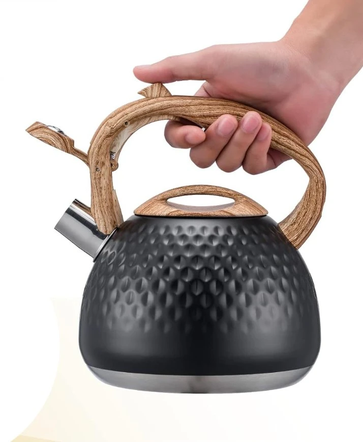 Tea Kettle, Stovetop Teapot with Loud Whistle, Food Grade Stainless Steel and Smooth Wood Pattern Handle for Hiking, Picnic, for Tea, Coffee and Milk