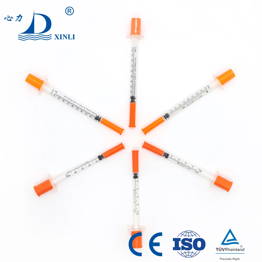 Factory Disposable Medical Sterile Injection Plastic Insulin Syringe with Orange Cap 0.3ml, 0.5ml, 1ml