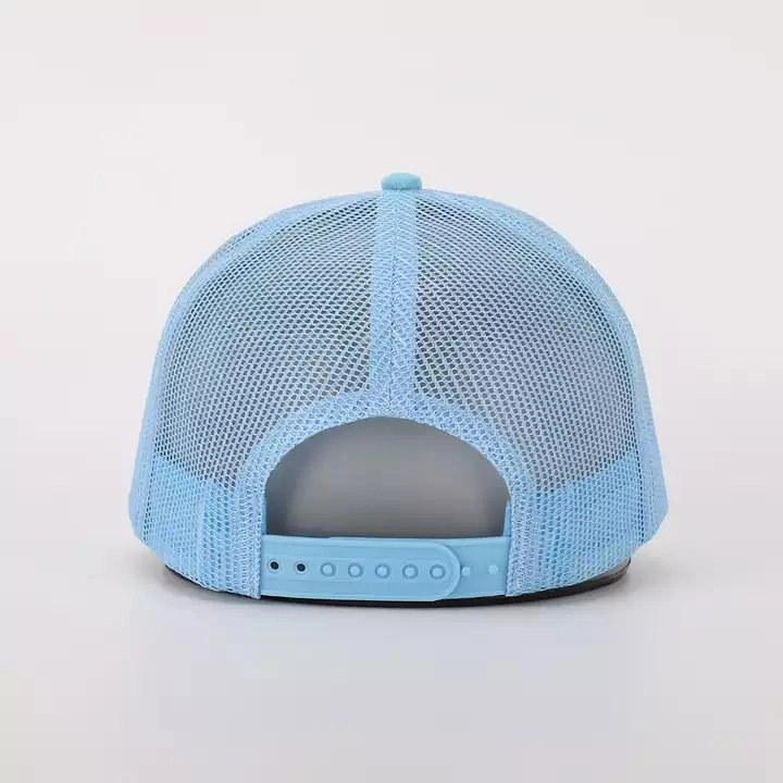 Mayorista/Proveedor Custom de alta calidad Moda 5 Panel hombres mujeres 3D Bordado Logo malla Snap Back Gorras Sky Blue Suede Trucker Gorra