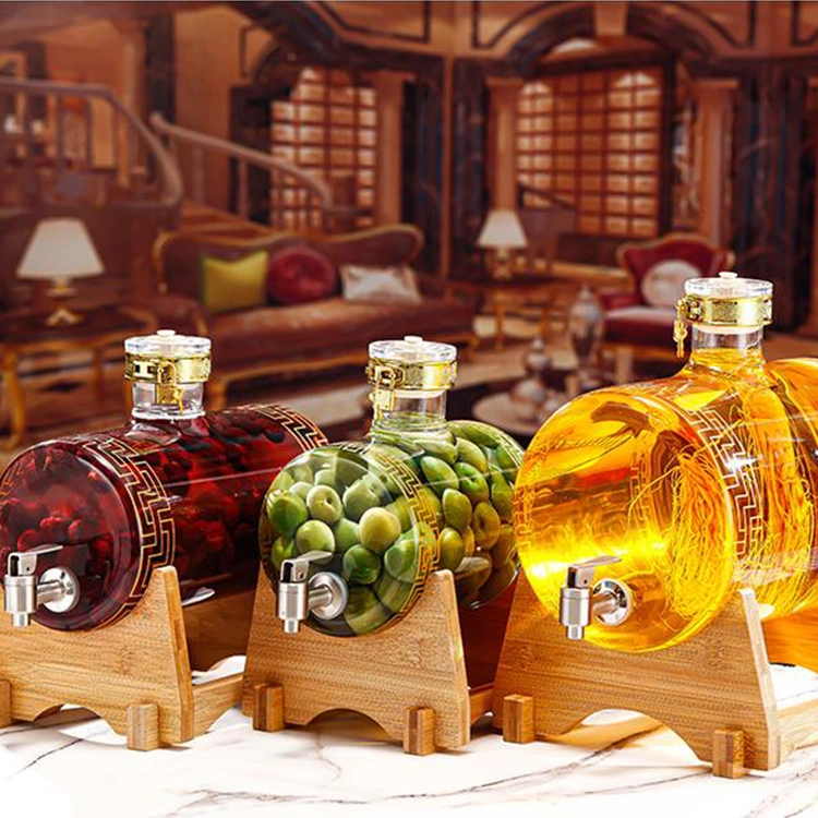 Clear Glass Wine Decanter Set Whiskey Stones Barrel Shape Decanter Set with Wooden Stand