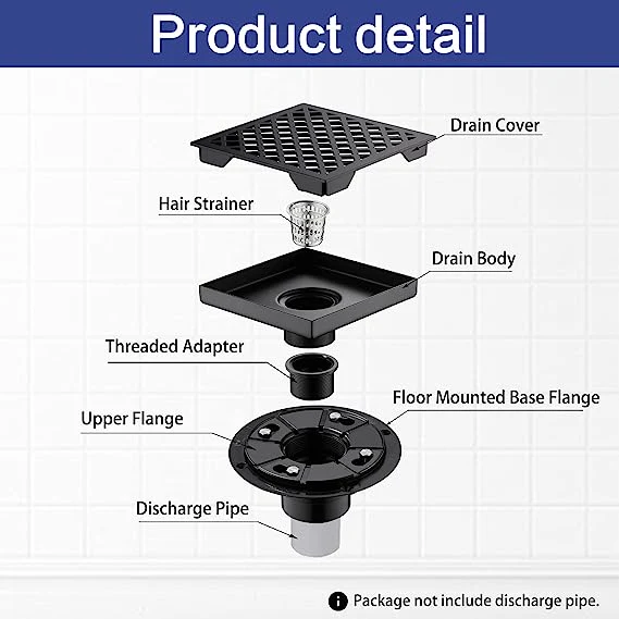 Quare Shower Drain Matte Black 6 Inch with Flange SUS 304 Stainless Steel