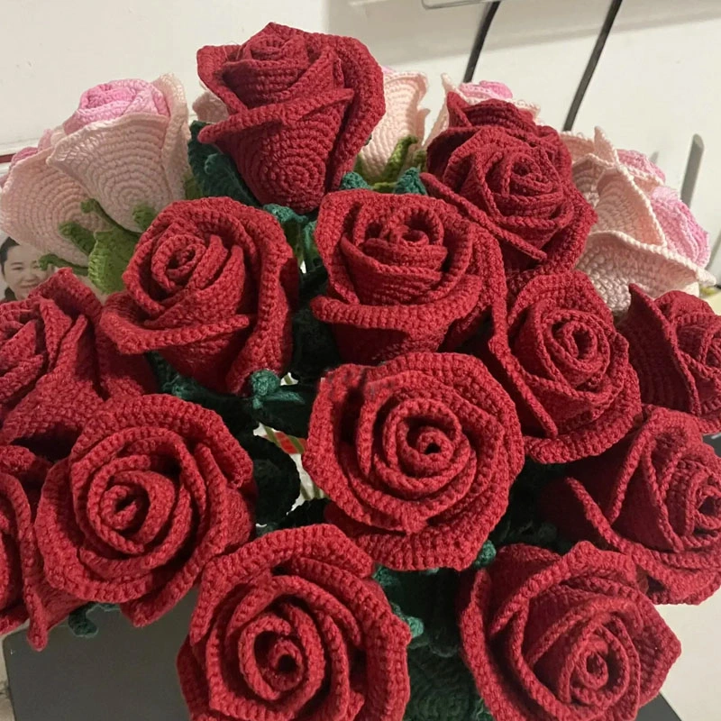 Crochet Artificial Flower Rose Plant Bouquet Valentine's Day Gift Wedding Decoration Handmade Stem Rose Finished Products