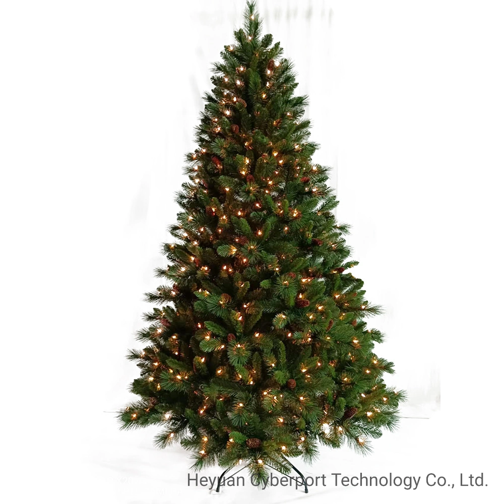 Nueva llegada clásico verde de 7,5 pies Pre-Lit llevado árbol de navidad decorado con piñas y las luces claras de árbol de navidad artificial de PVC Mixto &amp;agujas de pino