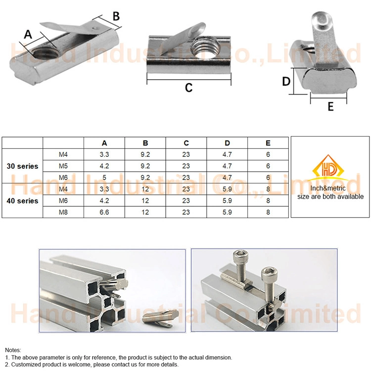 20 30 35 40 Series M3 M4 M5 M6 M8 Aluminum Profile Ball Hammer Spring Leaf T Slot Nut