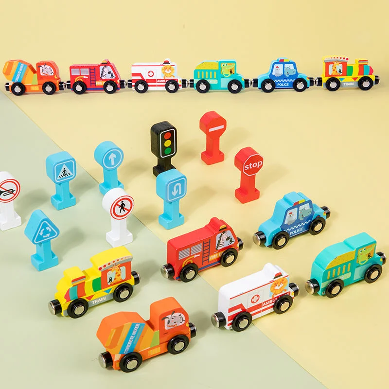 Quatre roues en bois voiture jouet Train de trafic de la signalisation routière de l'apprentissage cognitif des enfants véhicule l'illumination de jouets éducatifs