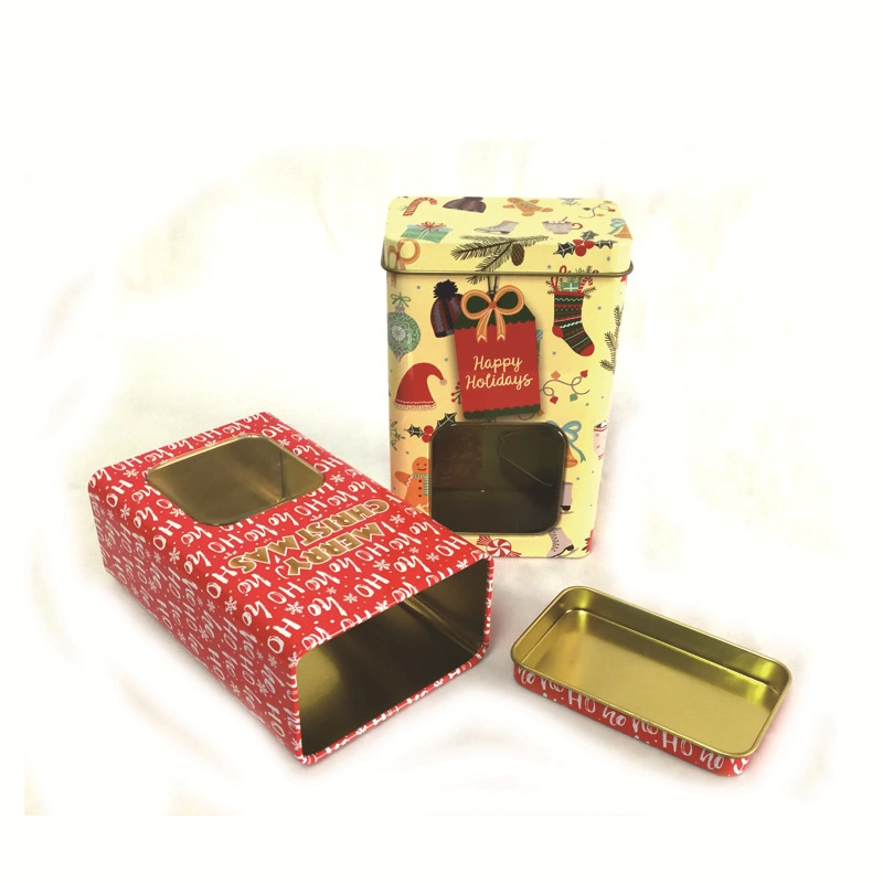 La comida de Navidad Caja rectangular de metal de alto Candy tin box con ventana transparente