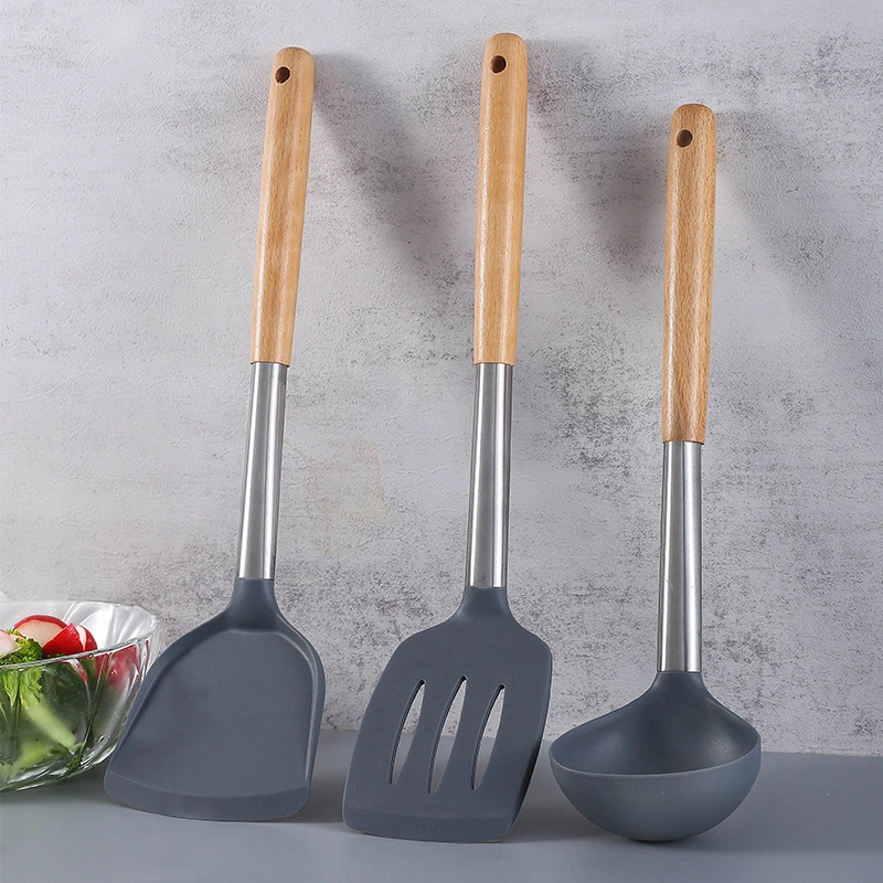 Kitchen Utensils Silicone Spatula Non-Stick Spatula Stir-Fry Spatula Beech Handle Soup Spoon Set of Kitchen Cooking Tools