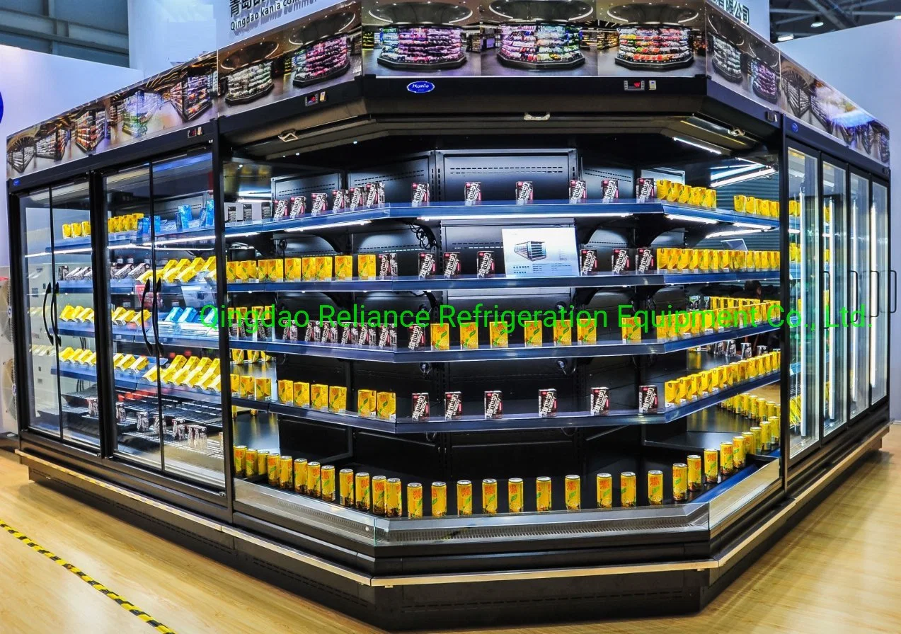 Supermercado en posición vertical refrigerador fruta lácteos bebida comercial con la puerta de cristal