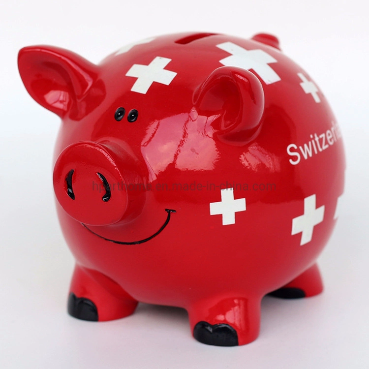 Customized Switzerland Glossy Red Color Resin Lovely Piggy Money Box