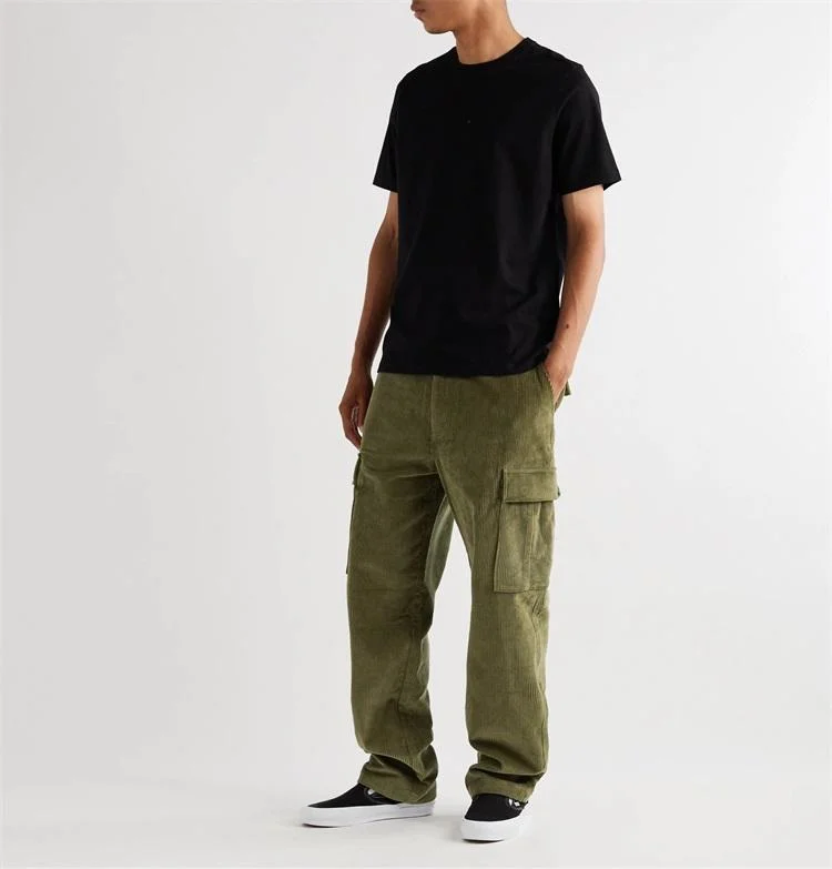 Custom Men Straight Leg Pants OEM Corduroy Casual Track Cargo Pants with Big Pockets