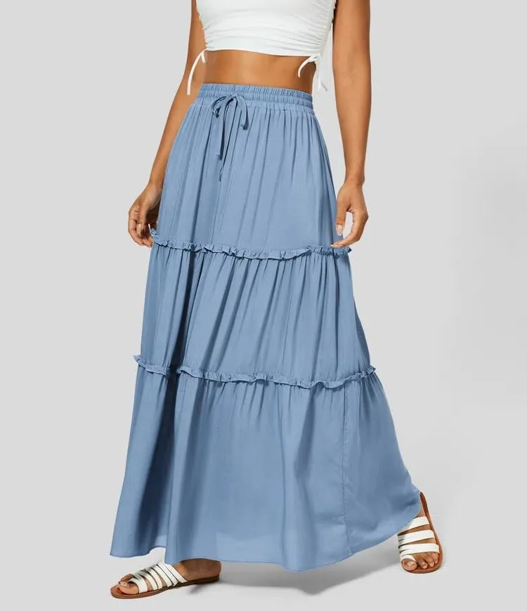 Haut Waisted ceinture élastique cordon Falbala Flowy Maxi jupe occasionnel