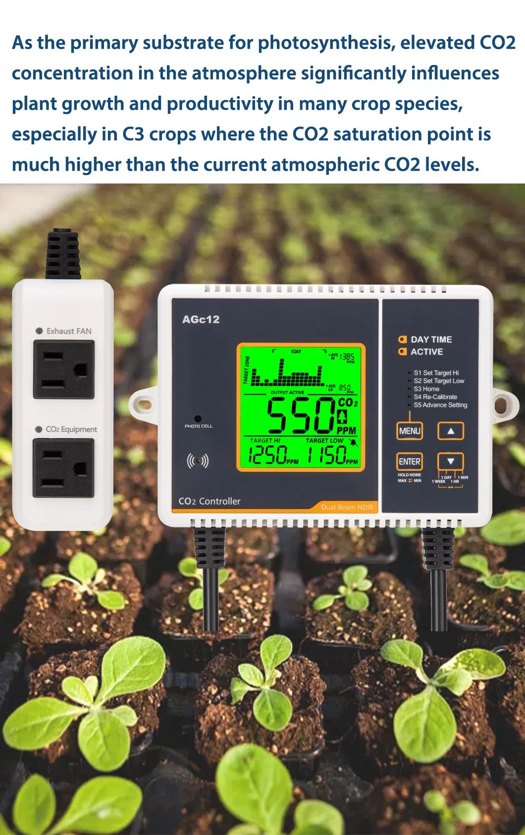 CO2 Controller Tag/Nacht-Sensor mit großer LCD-Anzeige für Gewächshaus Hydrokultur Indoor Garten