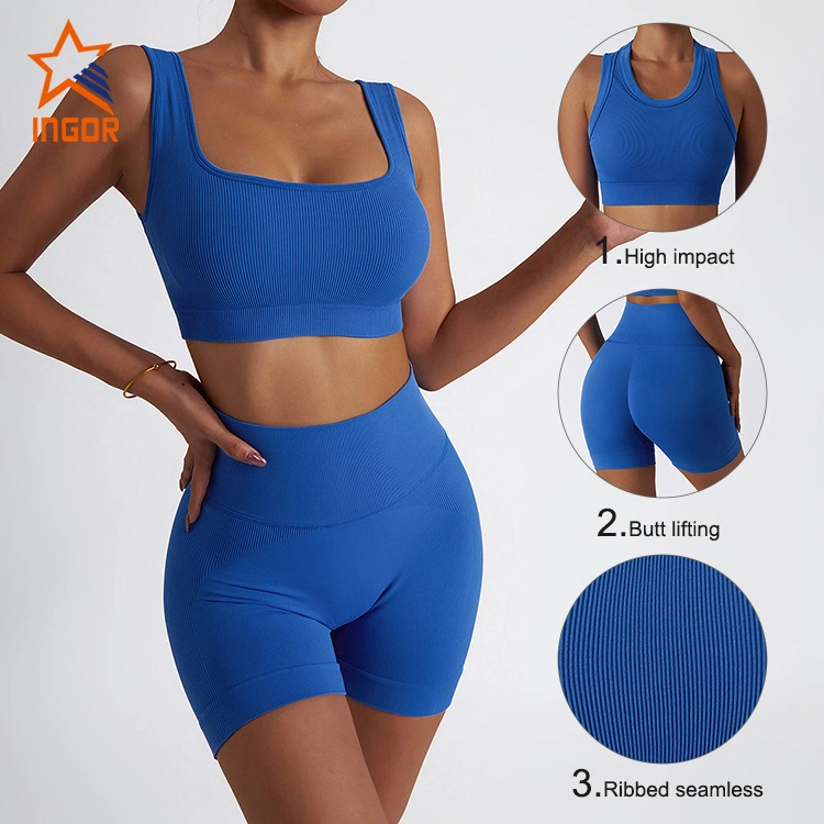 Ginásio de running desportivo de ioga canelado e sem costuras Inga Sportswear de alto impacto Usa Sportswear de running de fitness que absorve os choques para mulher