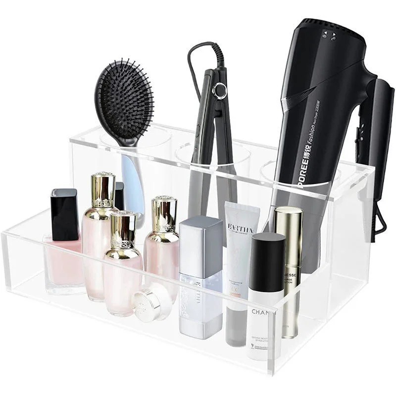 El cuarto de baño cabello claro Organizador de herramientas de acrílico blanco Secador de pelo soporte con 3 tazas