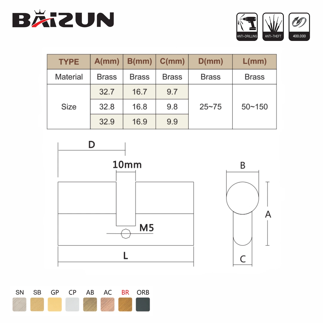 Original Factory Manufactured Brass Euro Door Cylinder Lock with Optional Color