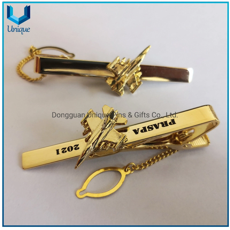 Anpassen Design Krawatte Pin mit 3D Flugzeug Logo, hochwertige 24K Gold Plating Krawatte Clip, 3D Gun Logo Tieclip