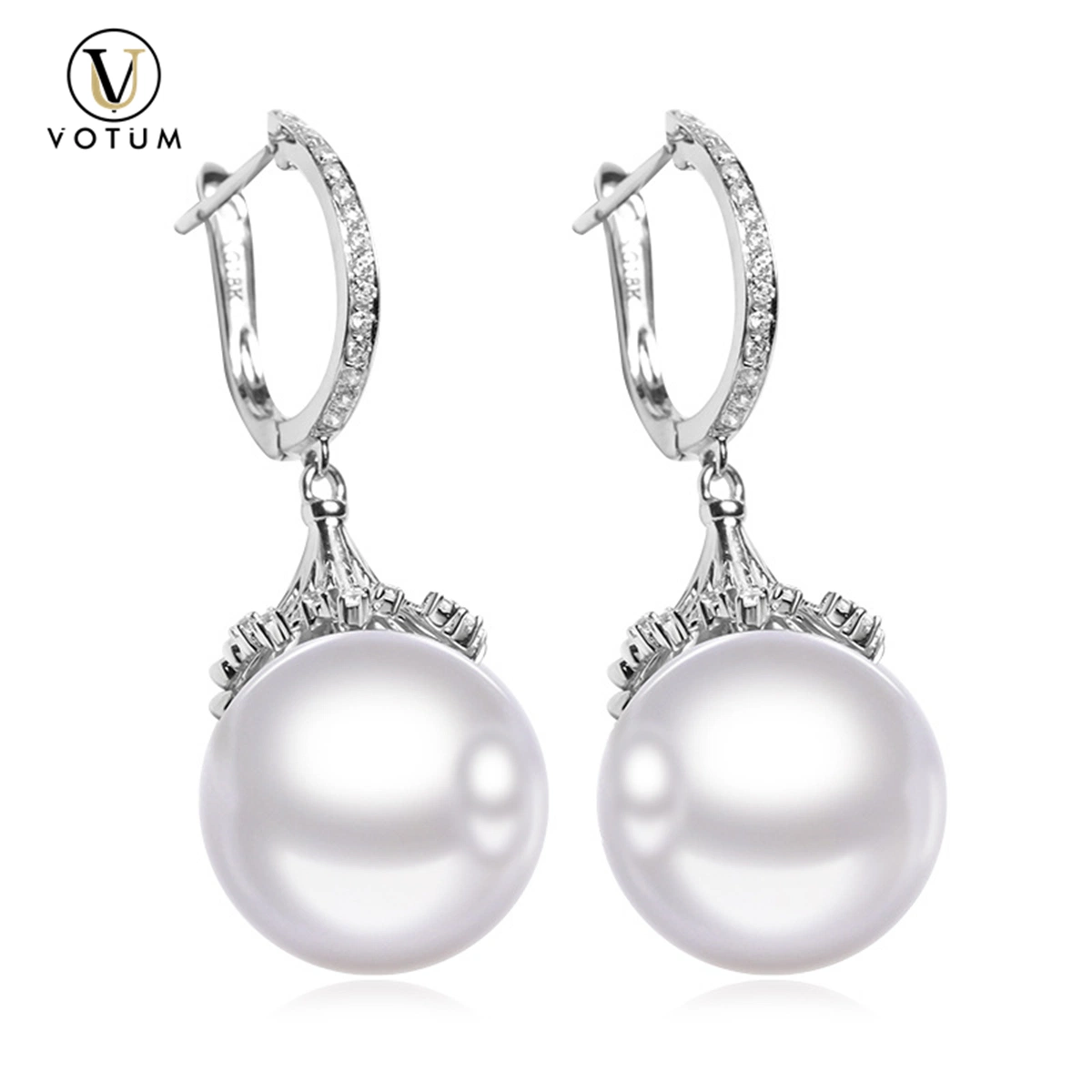 Votum OEM 18K Real Gold Diamonds Custom Seawater Pearl Hoop Eardrop Earring Wedding Jewelry