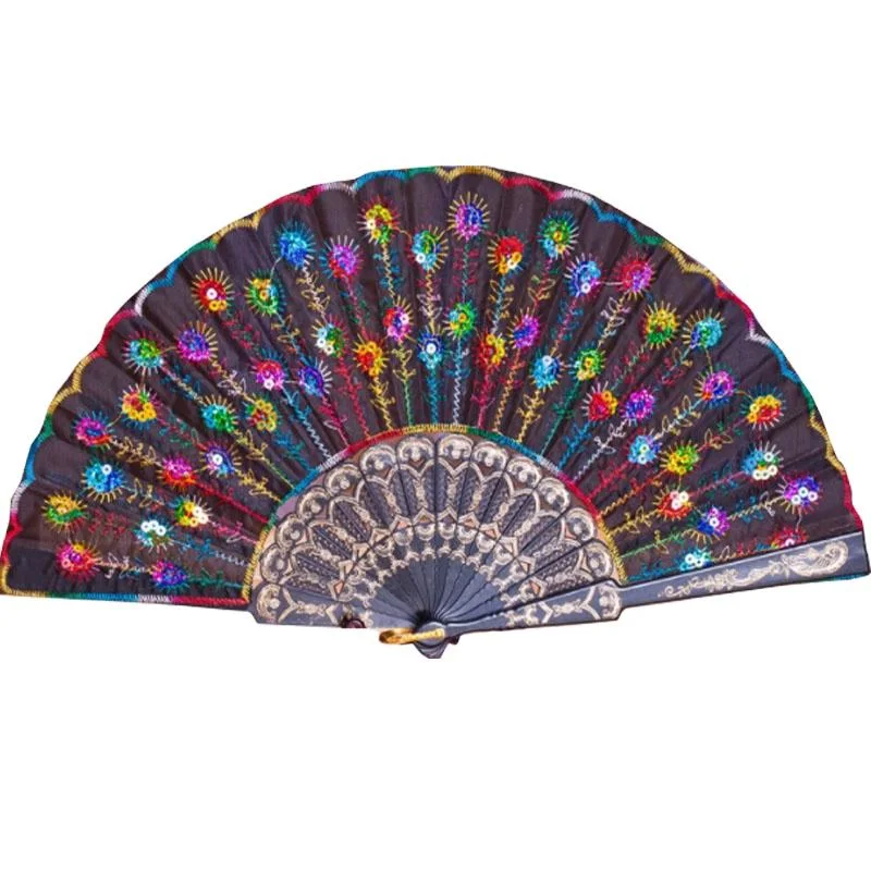 Spanish Style Foldable Plastic Embroidered Sequin Hand Fans for Wedding Gifts Dancing Party Supplies