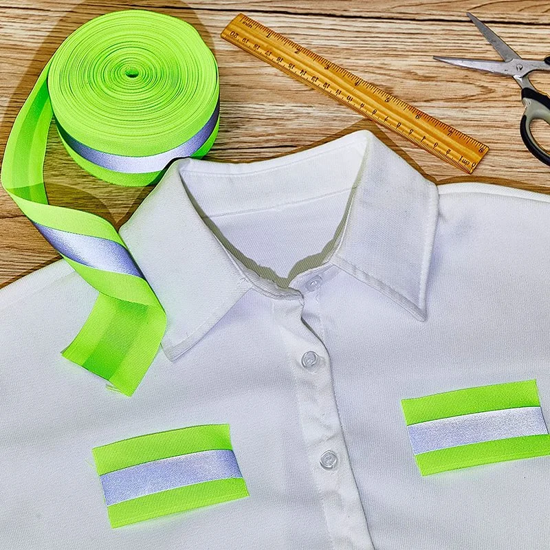 Fluorescent Green Webbing with Sew-on Silver Reflectors Hi Viz Reflective Ribbon Strip