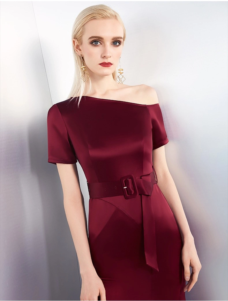 High quality/High cost performance Satin Sexy Woman Luxure Wine One- Shoulder Irregular Fashion Ladies Dress with Belt