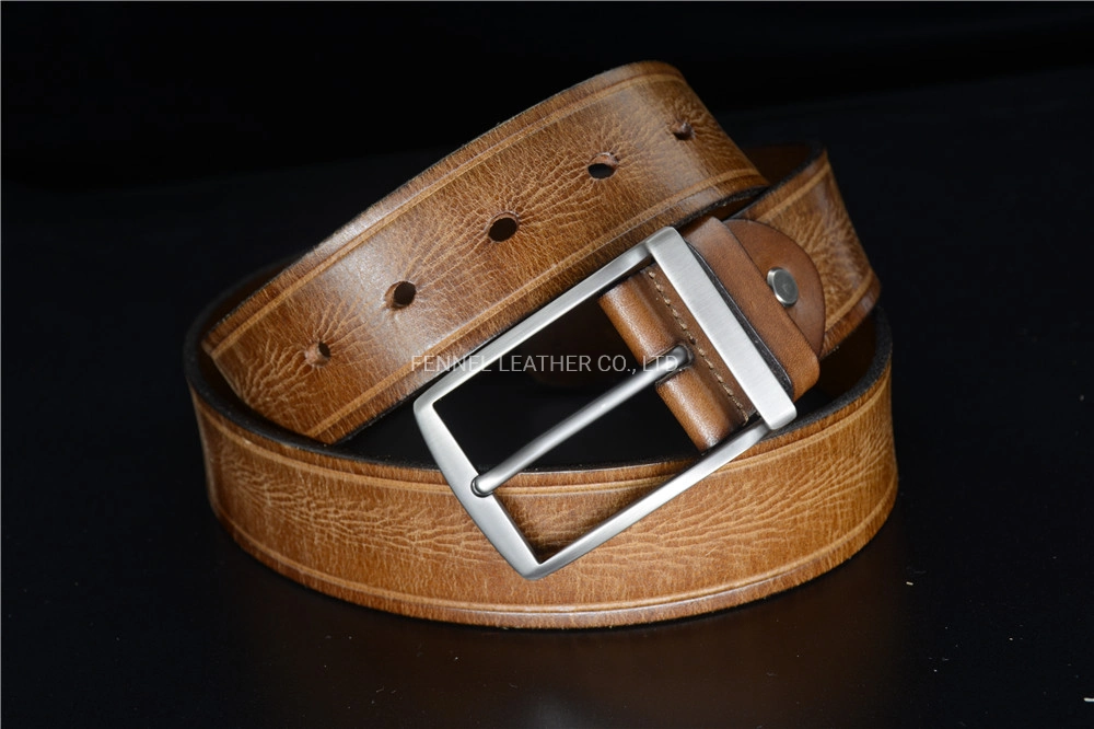 Manufacturer Men Fashion Genuine Leather Solid Belt Original 100% Real Cow Leather Durable Adjustable Pin Buckle Jean Garment Brown Color Fashion Belt (E3525)