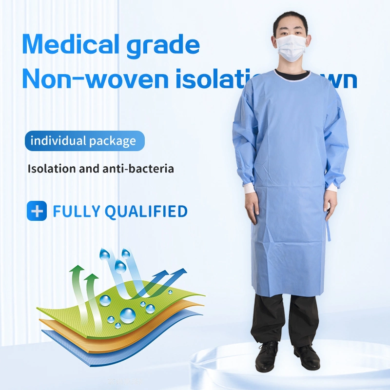 CE Factory Wholesale/Supplier Adult Blue 45GSM Disposable Medical Isolation Clothing SMS Fabric Surgical Gown