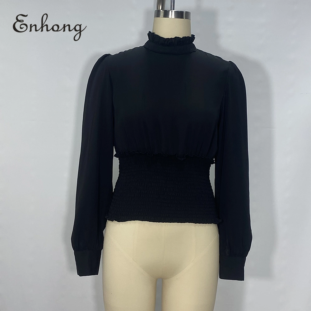 Alta calidad de la mujer elegante collar de Stand rizó túnica negra Top