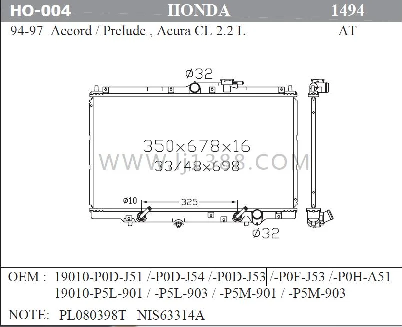 Sistema de refrigeración del radiador Auto Honda Accord/preludio/OEM Acuura19010-P0F-J01