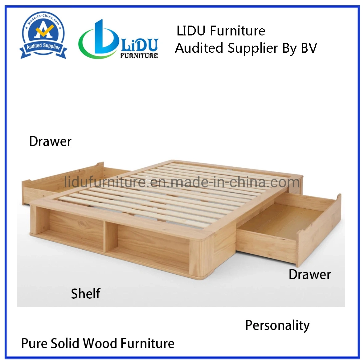 Professional Queen Bed Wood Pine Wood Bed Oak Wood Bed with Drawer/Shelf