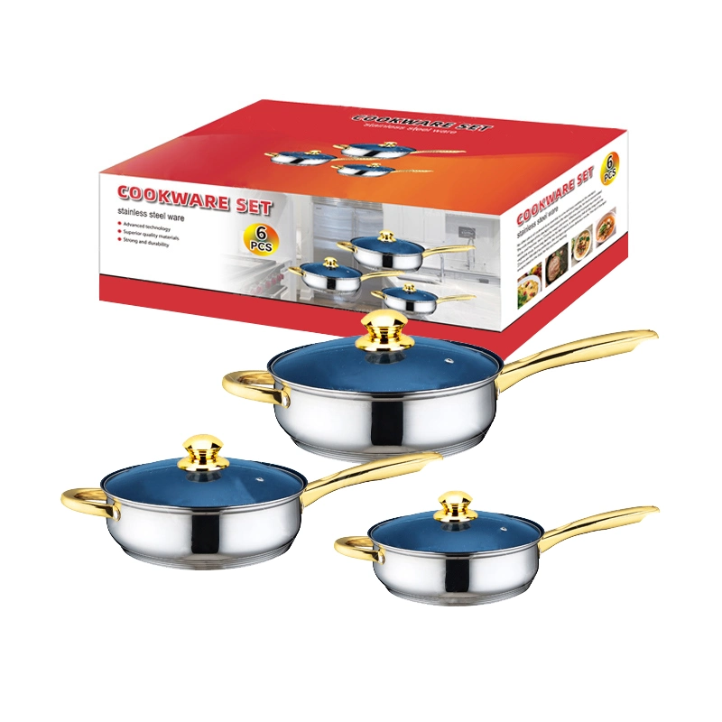 6PCS Ensemble de cuisson à domicile Fry Pan Mexique Brésil Vente chaude Ensemble de batterie de cuisine en acier inoxydable avec couvercle en verre bleu